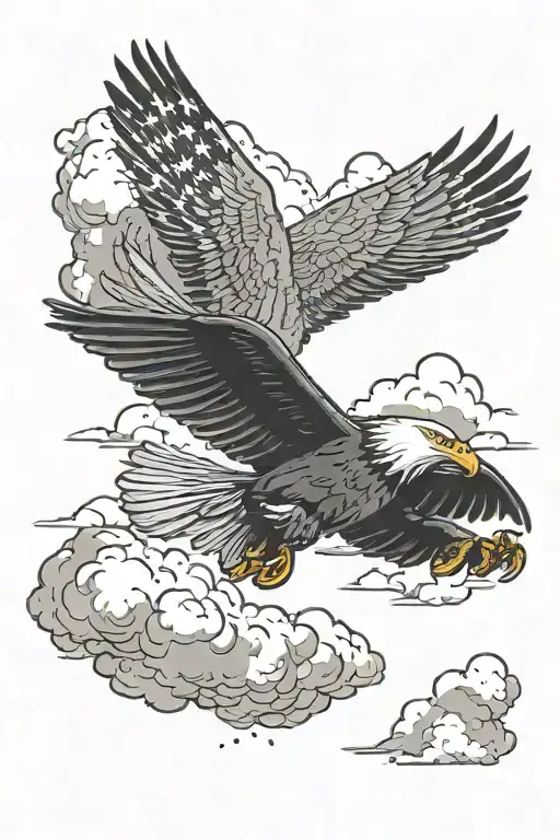silhouette of an airplane flying in clouds with American flag and bald eagle in the background  tattoo design idea