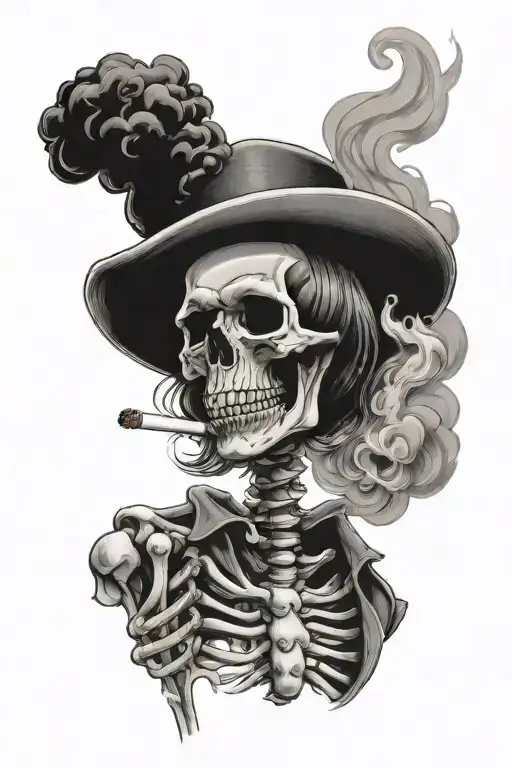 skeleton smoking a cigarette and a burning house in the background tattoo design idea