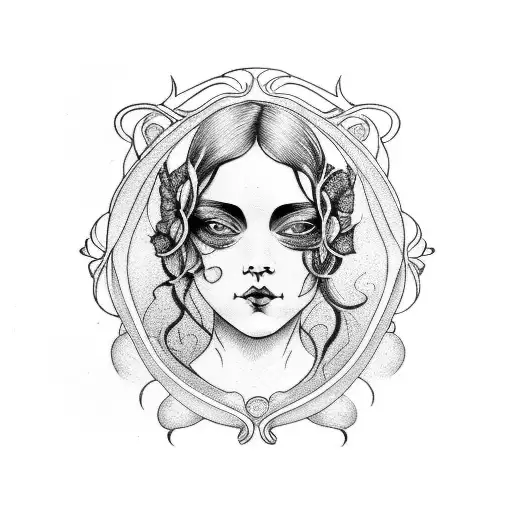 art nouveau woman sad face tattoo design idea