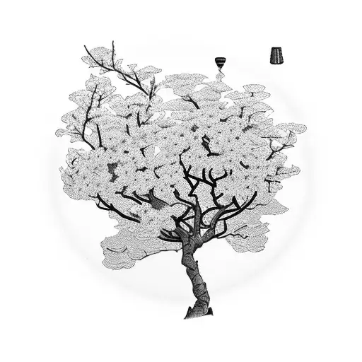 A whimsical scene of a sewing machine surrounded by blooming cherry blossom trees tattoo design idea