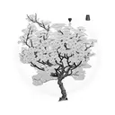 A whimsical scene of a sewing machine surrounded by blooming cherry blossom trees tattoo design idea