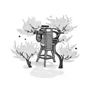 A whimsical scene of a sewing machine surrounded by blooming cherry blossom trees tattoo design idea