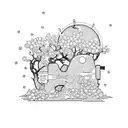 A whimsical scene of a sewing machine surrounded by blooming cherry blossom trees tattoo design idea
