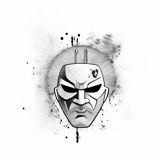 Shogun head with anonymous mask, blood on ear tattoo design idea