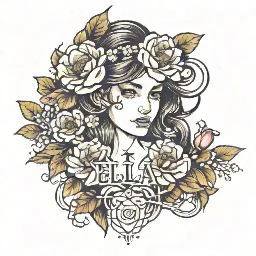 teenage girl with flowers intertwined with the name ella  tattoo design idea