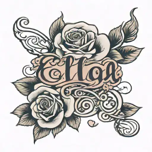 teenage girl with roses intertwined with the name ella in cursive  tattoo design idea