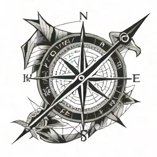compass with name Hunter pointing to north arrow tattoo design idea