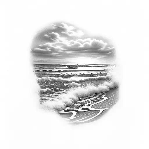 A tattoo of a beach scene with black-grey shading and realistic waves tattoo design idea