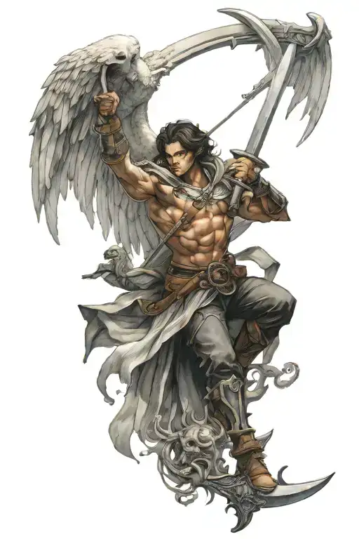 arch angel holding a sword fighting demon slayer tattoo design idea