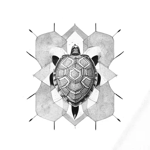 turtle shell with green and brown shades in the shape of a hexagon shield on the elbow tattoo design idea