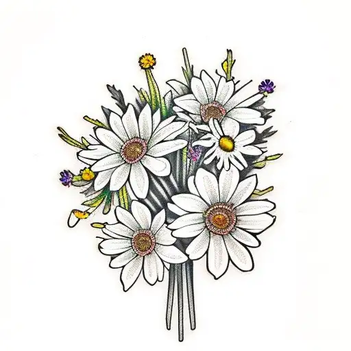 bouquet of flowers with a carnation, daffodil, daisy and 2 asters tattoo design idea