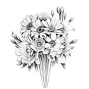 bouquet of flowers with a carnation, daffodil, daisy and 2 asters tattoo design idea