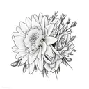 bouquet of flowers with a carnation, daffodil, daisy and 2 asters tattoo design idea