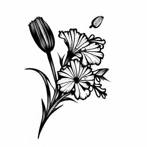 carnation, lily of the valley, aster bouquet with butterfly landed on it, collarbone tattoo combined tattoo design idea