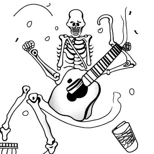 skeletons around a campfire drinking beers and playing guitar tattoo design idea