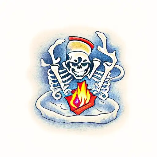 skeletons around a campfire drinking beers and playing guitar tattoo design idea