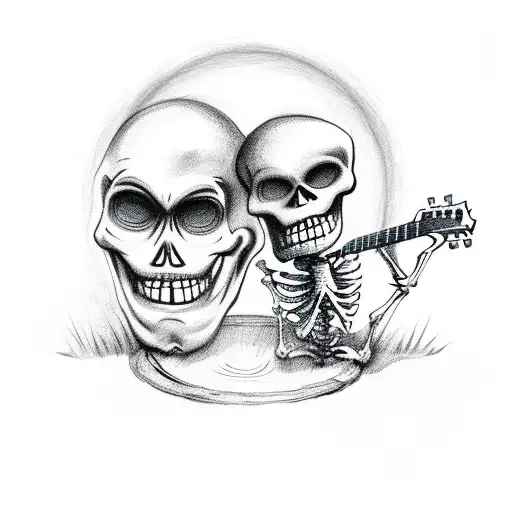 skeletons around a campfire drinking beers and playing guitar tattoo design idea