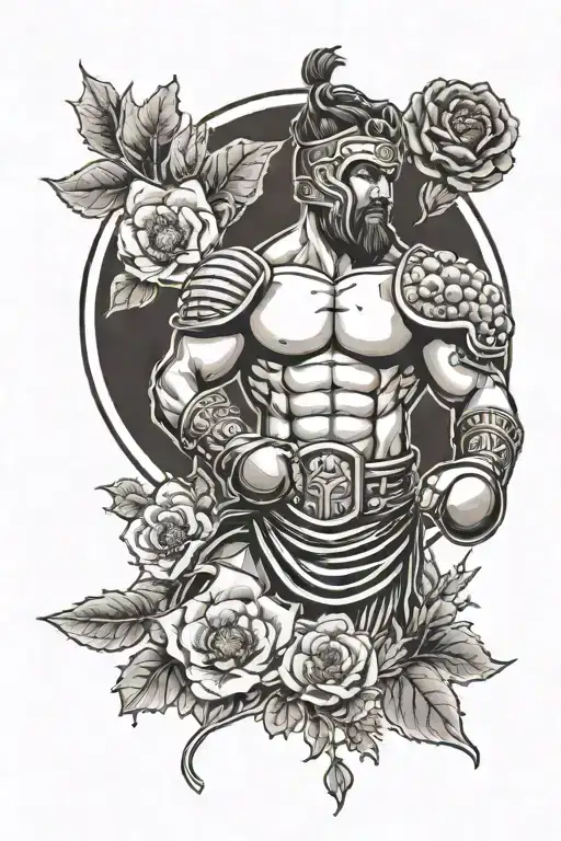 A gladiator symbolizing Thai boxing, Dutch kickboxing, taekwondo, and judo surrounded by poppies tattoo design idea
