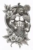 A gladiator symbolizing Thai boxing, Dutch kickboxing, taekwondo, and judo surrounded by poppies tattoo design idea