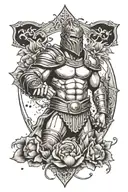 A gladiator symbolizing Thai boxing, Dutch kickboxing, taekwondo, and judo surrounded by poppies tattoo design idea
