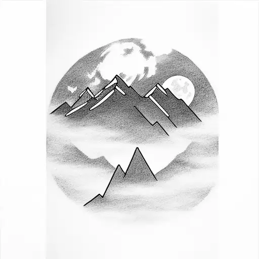 Appalachian mountains covered in thick fog with a super moon cresting over the peaks with a silhouette of a dogman, tattoo design idea