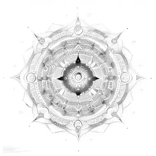 A cosmic mandala with intricate astrological symbols tattoo design idea