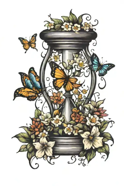hourglass surrounded by flowers with caterpillar and butterfly  tattoo design idea