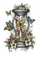 hourglass surrounded by flowers with caterpillar and butterfly  tattoo design idea