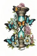 hourglass surrounded by flowers with caterpillar and butterfly  tattoo design idea