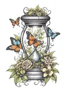 hourglass surrounded by leaves with caterpillar and butterfly  tattoo design idea