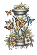 hourglass surrounded by leaves with caterpillar and butterfly  tattoo design idea