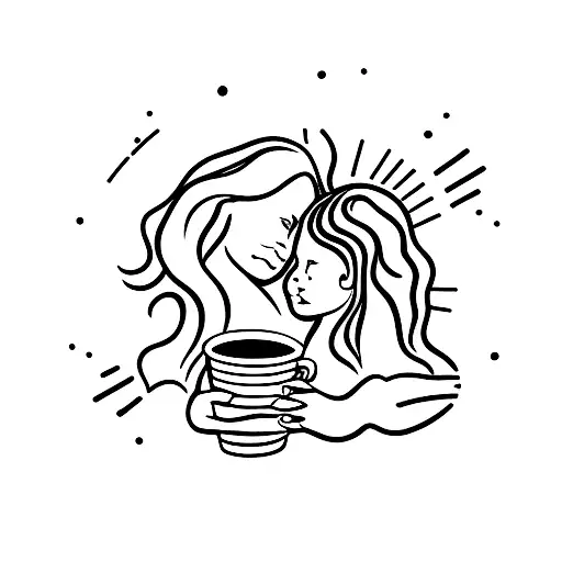 A minimalist tattoo of a mother and child holding hands, with a coffee cup in the background tattoo design idea