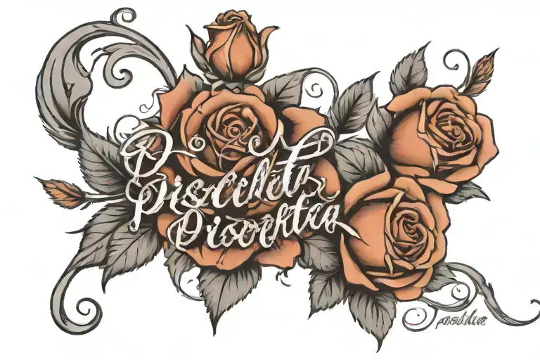 the word "Pisciotta" written in elegant script in between two fine line black and grey roses tattoo design idea