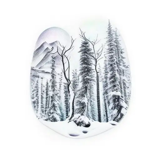 mountain trees snow trail inner bicep tattoo design idea