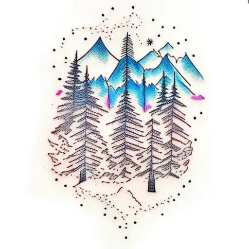mountain trees snow trail inner bicep tattoo design idea