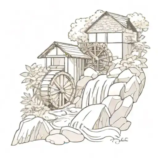 waterwheel waterfall flowing plants overgrown stone building tattoo design idea