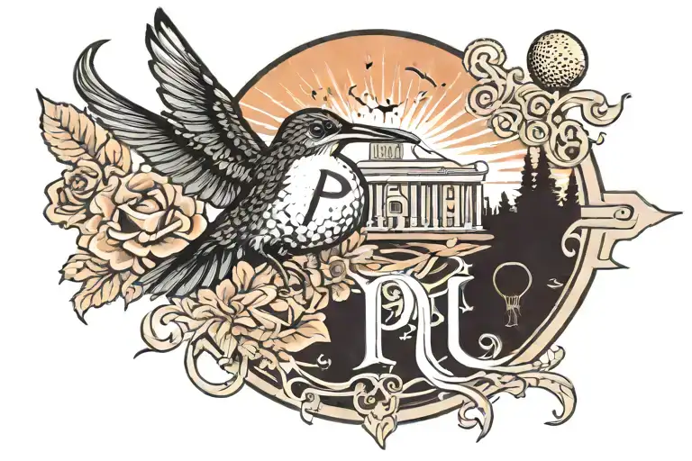 GOLF COURSE LANDSCAPE WITH HUMMINGBIRD HIDDEN IN THE BACKGROUND, A BASKETBALL IN IT, AND GREEK LETTERS PI LAMBDA PHI  tattoo design idea