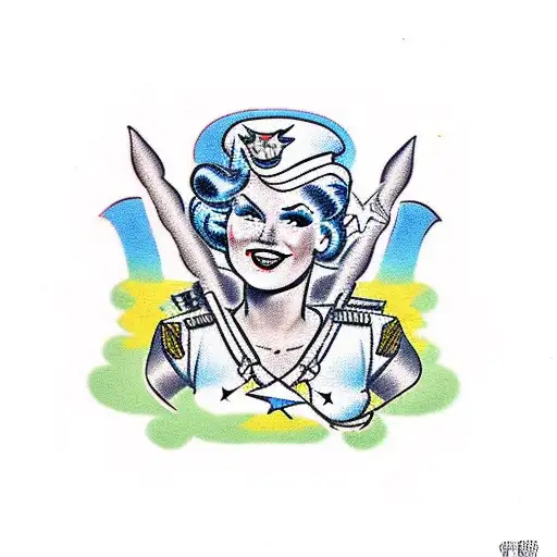 military female pin up in air force uniform, skirt, blonde hair, blue eye, busty tattoo design idea