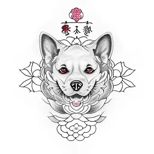 A dotwork tattoo of a dog and a turtle surrounded by cherry blossom trees in a traditional Japanese art style tattoo design idea
