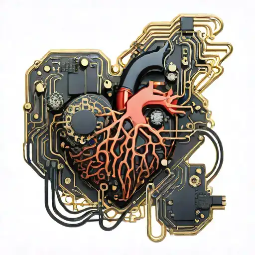 black and gold realistic heart shaped circuit board with gold wires as blood veins  tattoo design idea