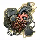 black and gold realistic heart shaped circuit board with gold wires as blood veins  tattoo design idea