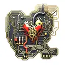 black and gold realistic heart shaped circuit board with gold wires as blood veins  tattoo design idea