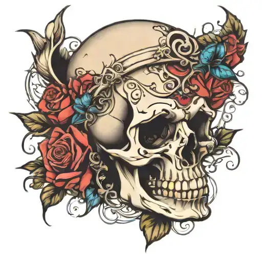 skull and roses intertwined symbolizing freedom tattoo design idea