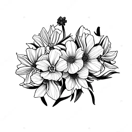 Flower bouquet formed of primrose, daffodil, marigold, cosmos, violet, narcissus, holly tattoo design idea