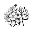 Flower bouquet formed of primrose, daffodil, marigold, cosmos, violet, narcissus, holly tattoo design idea