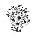 Flower bouquet formed of primrose, daffodil, marigold, cosmos, violet, narcissus, holly tattoo design idea