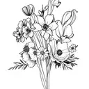 Flower bouquet formed of primrose, daffodil, marigold, cosmos, violet, narcissus, holly tattoo design idea