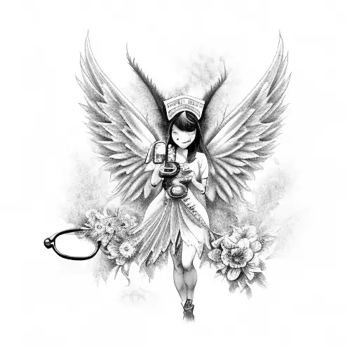 A black-grey tattoo of a nurse fairy with wings made of flowers and a stethoscope tattoo design idea