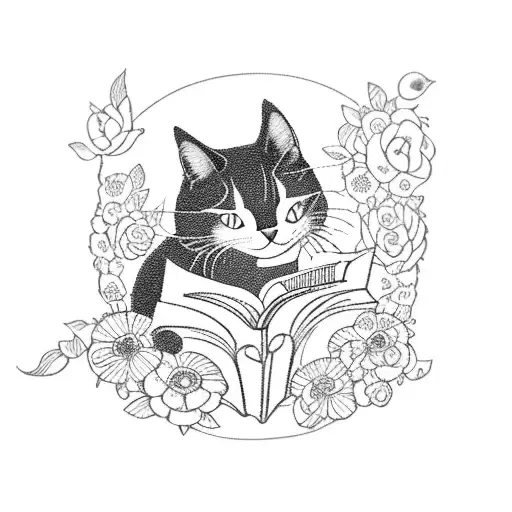 A magical blackwork tattoo of a cat reading a book surrounded by flowers and fairies tattoo design idea