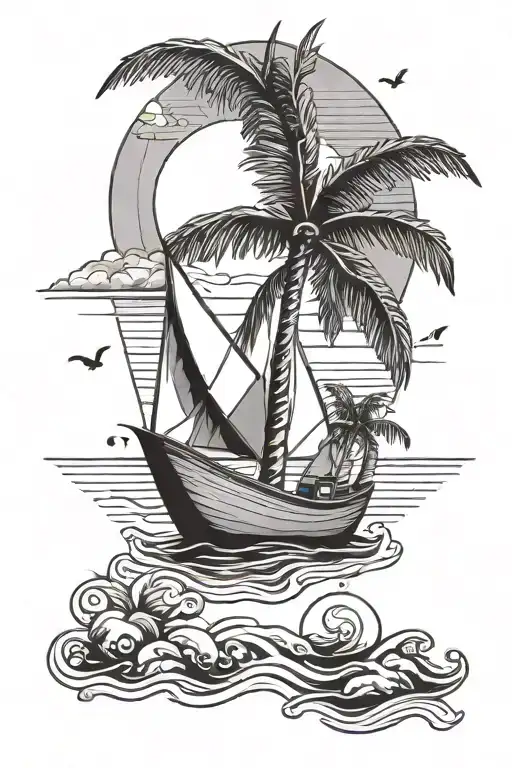 paper boat, palm tree, sun, beach tattoo design idea